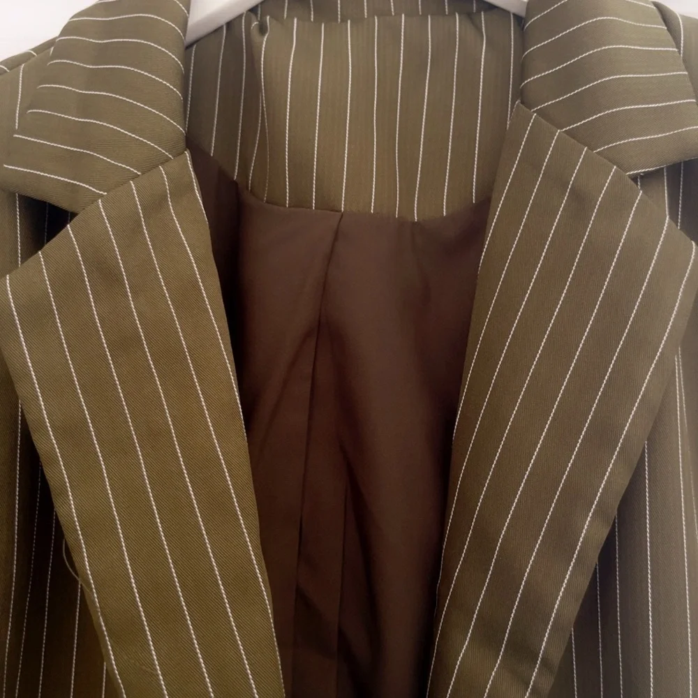 Olive Pinstripe Women's Trench Coat - Picture 3 of 6